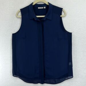 Halogen Women’s Blouse Size L Navy Semi-sheer Polyester Sleeveless Button Front